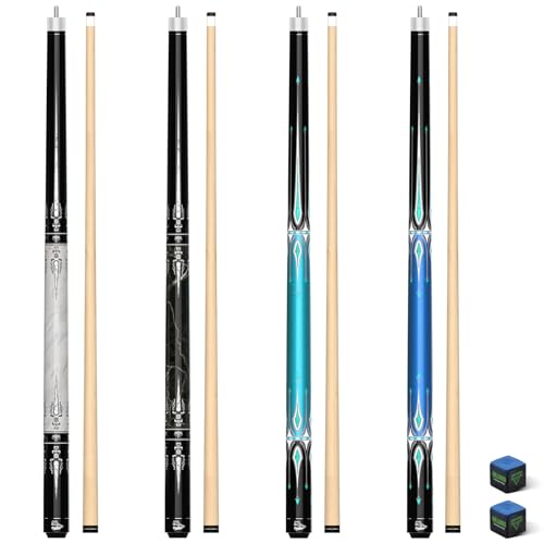 Pool Cues Set of 4, 58" 2-Piece Pool Sticks for Adults, 4-Pack Maple Billiard Cue Sticks 18 19 20 21 Oz, 13mm Tip with Chalks, Unwrapped Grip Black+White+Teal+Blue