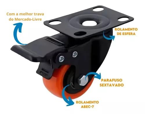 4 Rodizios Pvc Rodinha Moveis 50m C/Trava Laranja Giratorio