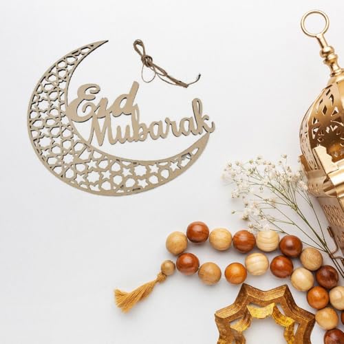 Ornamento colgante de madera Eid Mubarak con grabado calado de precisión para Ramadan 7