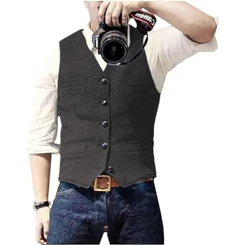 Solovedress Herren Casual Wolle Fischgrätmuster Anzug Weste V-Ausschnitt Tweed Weste für Hochzeit Groomsmen(Grau,L)