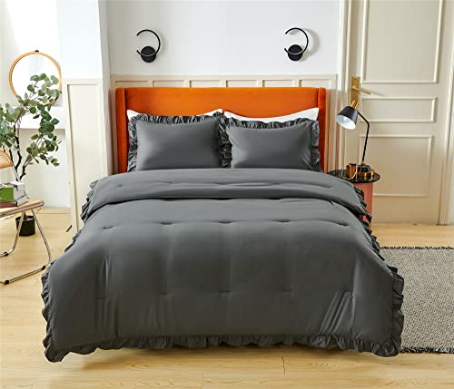 Vethin Vintage Ruffle Comforter Set With 1 Comforter And 2 Pillowcases For All Season Soft Microfiber Down Queen Bedding Comforter Full Size Sets(King, Grey-1) #TOP1