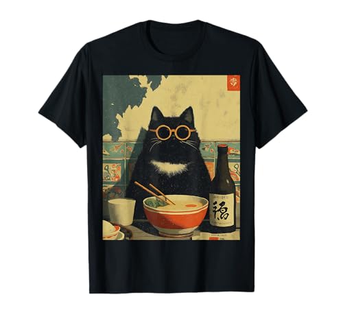 Vintage Japanese Cat Ramen Cat Dad Retro Funny Graphic Women T-Shirt