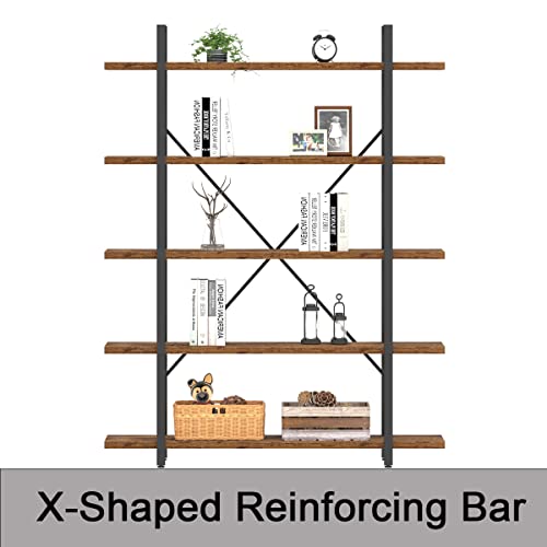 Hsh Rustic Bookcases And Book Shelves 5 Shelf, Metal Wood 5 Tier Bookshelf And Storage Book Rack, Vintage Large Book Shelf For Bedroom Living Room Office,Open Vertical Display Etagere Book Case, Brown #TOP3
