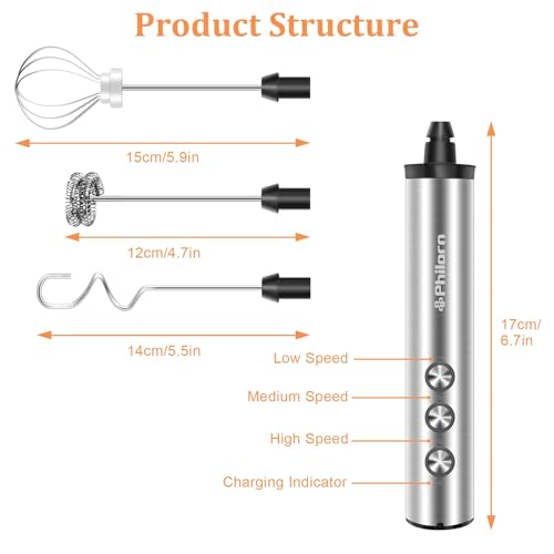 Image of Philorn Coffee Rechargeable Frother With Stand, Handheld Frother Wand for Coffee with 3 Heads 3 Speed, Drink Mixer Handheld Electric Stirrer for Latte, Cappuccino, Matcha, Almond Milk