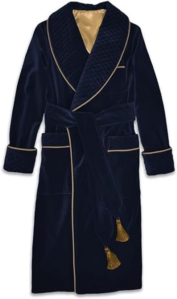 Men's Blue Velvet Long Smoking Jackets Velvet Dressing Gown Quilted Robes