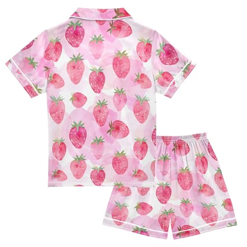 Strawberry Pink Pattern Summer Satin Pajama Set, Cute Button-Down Sleepwear Pj Set for Sleep Wears2