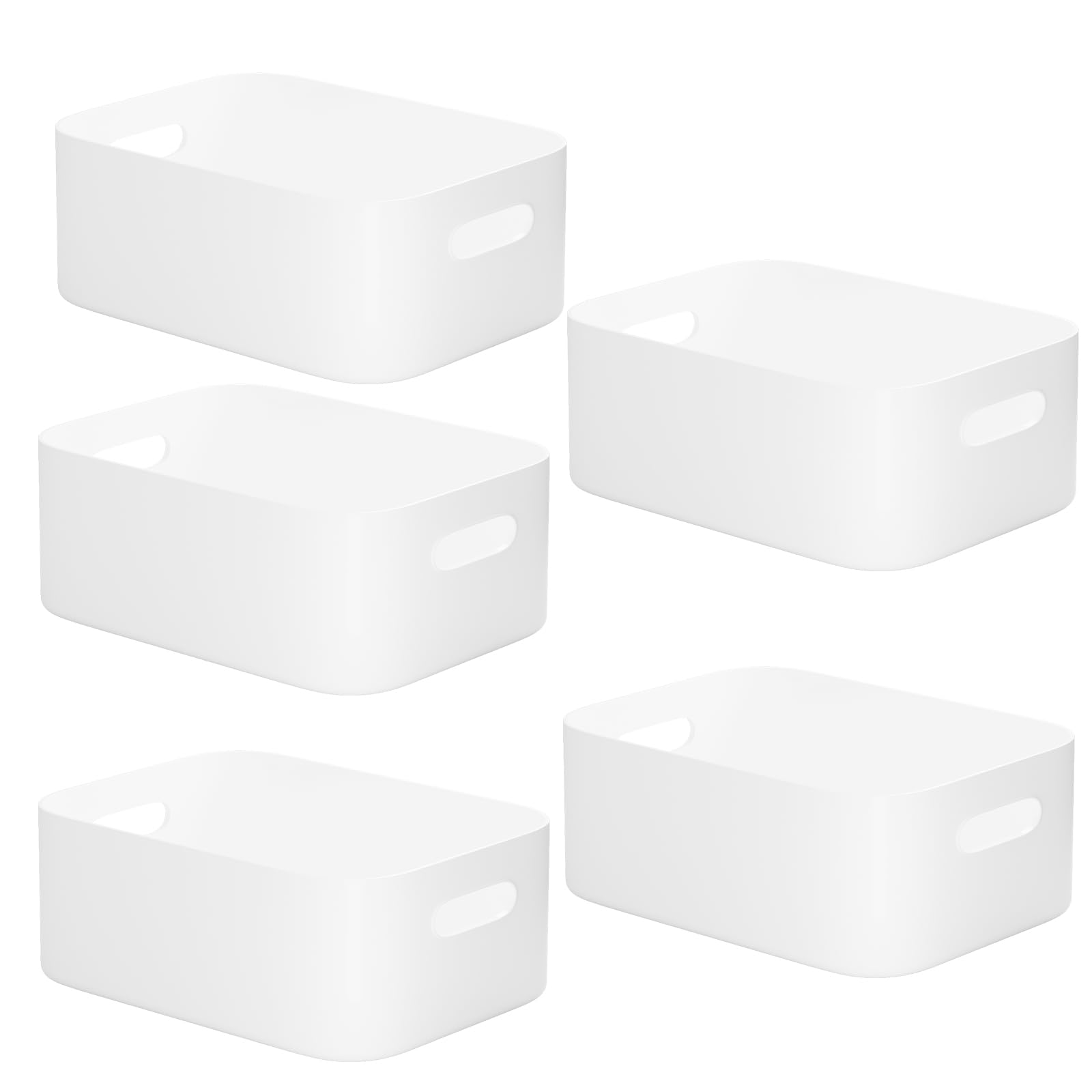 W&H 5 PCS White Plastic Storage Baskets with Handle, Medium Kitchen Cupboard Organiser Box