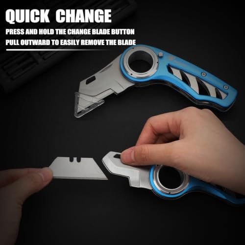 Image of Tondiamo 2 Pcs Folding Pocket Utility Knife Heavy Duty Box Cutter Folding Razor Knife with Anti Slip Finger Loop Easy Change Blades 3 Lock Positions Design (Blue)