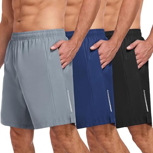xtuwkzo Hombres Gimnasio Pantalones Cortos 3 Pack Poliéster Transpirable Verano Deportes Pantalones Cortos Tenis Fitness Workout Hombres Dry Fit Ligero Negro/Gris Claro/Azul Marino L