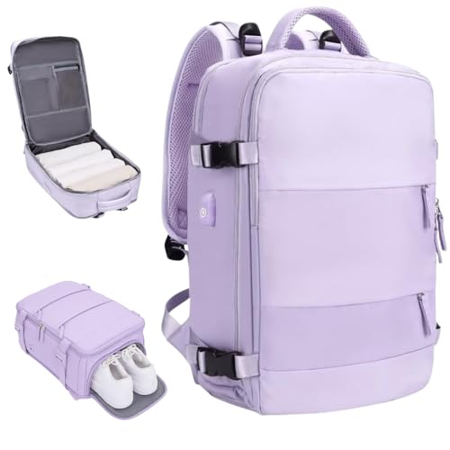 Mochila De Viagem Grande Unissex Com Porta USB Compartimento Para Tênis Bolso Para Itens Úmidos Alças Acolchoadas Multiuso Trabalho Academia Fim De Semana (LILAS)