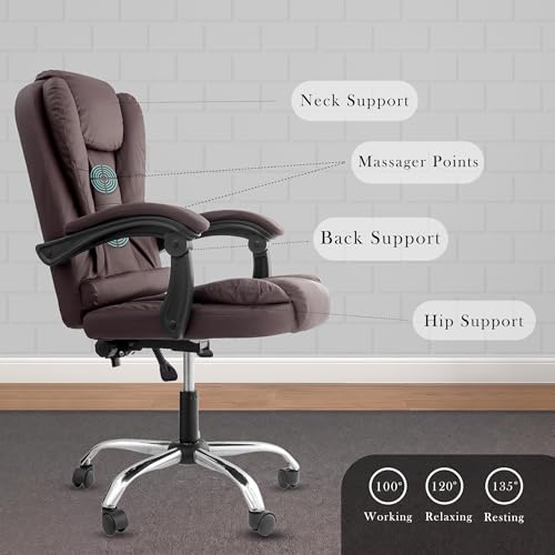 Image of Casa Copenhagen Italia Premium Leatherette Office Chair for Work | Boss Chair, Ergonomic Executive, Luxurious Cushioned Arms & Seat, 2 Point Back Massager, Heavy Duty Metal Base (Brown)