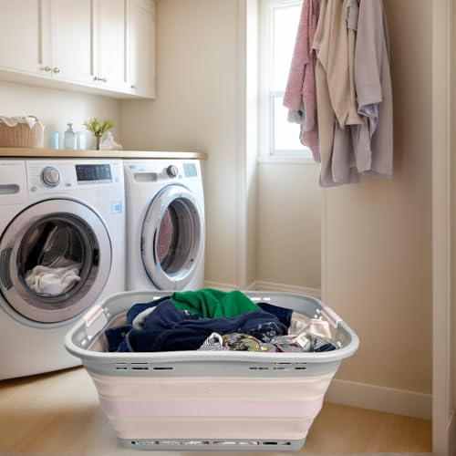 Image of SAMMART 42L (11 Gallon) Collapsible Plastic Storage Basket - Foldable Pop Up Storage Container - Portable Laundry Organizer - Space Saving Hamper (Pink+Lake Green, 42L (Style A))