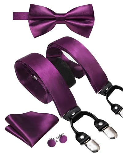 Image of Hi-Tie Men Suspender Bowtie Set Suspenders Pre-tied Bow Tie Pocket Square Cufflinks Adjustable Y Shape 6 Clips Braces Tuxedo