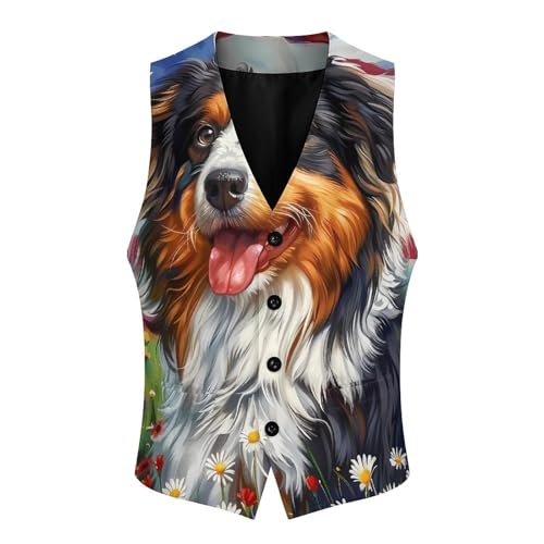 Australian Shepherd American US Flag Men's Suit Vest Waistcoat Vests Formal Dress with 2 Pockets for Business Casual Tuxedo3