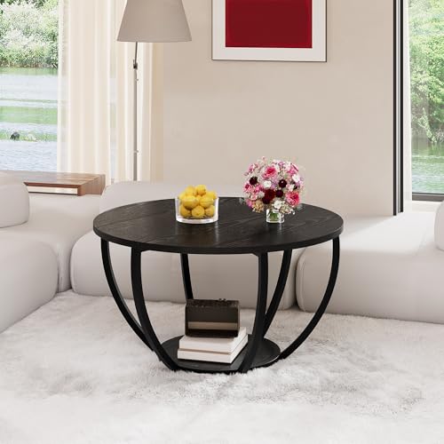 HOMERECOMMEND Round Coffee Table,Wooden 2-Tier Circle Coffee Tables with Storage Shelves,Accent Center Table for Living Room, Sofa Table for Home Office, Black - Thumbnail 6