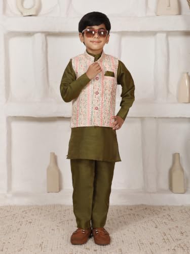 Image of Pro-Ethic Style Developer Kids Kurta Set For Boys With Waist Coat, Ethnic Wear for Diwali, Eid, Raksha Bandhan, Jacquard, Floral Print (Pack of 1)