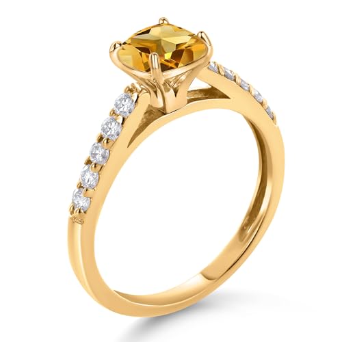 Gem Stone King 2.20 Cttw Cushion Yellow Citrine and White Lab Grown Diamond 10K Yellow Gold Engagement Ring for Women | Cushion Cut 8MM | Gemstone Birthstone | Available In Size 5, 6, 7, 8, 93