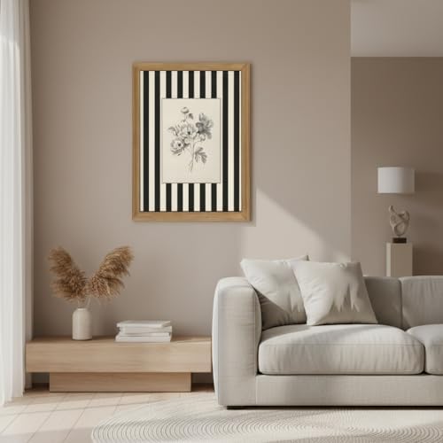 Black and White Floral Wall Art Framed Canvas,Vintage Botanical Sketch Print, Minimalist Striped Modern Farmhouse Wall Decor for Living Room Bedroom Bathroom Kitchen 8x10inch