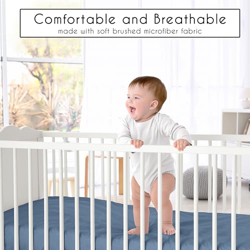 Image of Sweet Jojo Designs 2-Piece Baby Crib Sheets Set (Vintage Sports Theme) for Boys, Infant Nursery, Toddler Room -Fitted, Standard Size (Solid Steel Blue and Soccer Balls, Football, Baseball, Basketball)