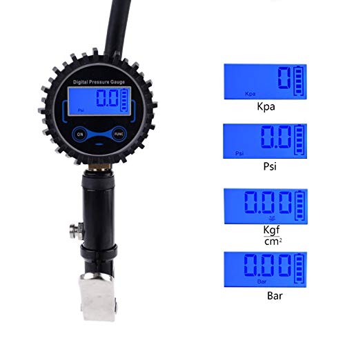 Cyfrowy inflator opon z manometrem z manometrem i tylnym nocnym światłem LED - wytrzymały automatyczny pistolet do pompowania powietrza z 4 nasadkami zaworów