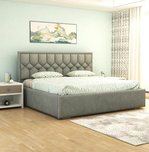 Image of Premium King Size Upholstered Bed with Padded Headboard | Platform Bed for Master Bedroom, Comfortable Back Support & Elegant Bedroom Furniture | Strong & Durable Solid Wood Frame | Grey