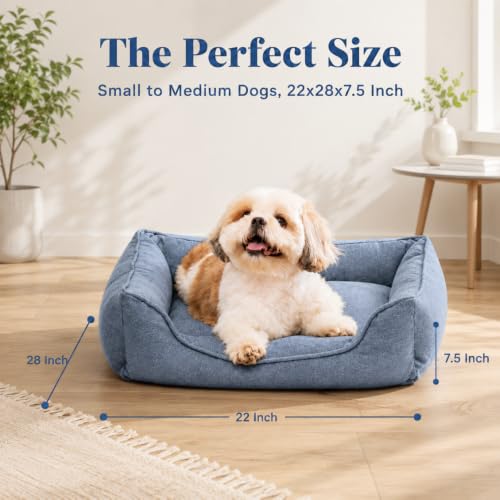 Image of Chambray Dog Bed with Removable Cover, Durable Polyester Fabric, Soft Fiber Cushion, Breathable, Non-Slip Base | Ideal for Small to Medium Dogs, 22x28x7.5 Inch