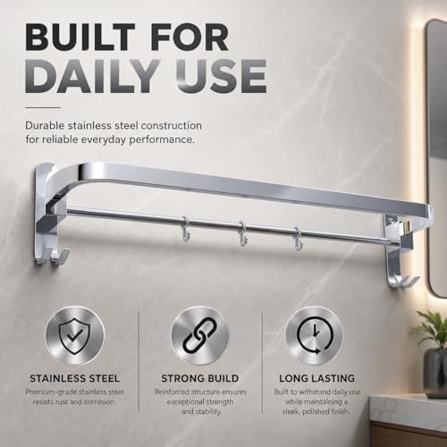 Image of Well Set Stainless Steel Towel Hanger for Bathroom /Dual Folding Towel Rack /Towel Stand /Bathroom Accessories (24-Inch) Chrome