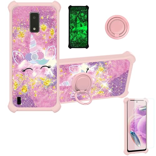 BLU View 4 Case Compatible with BLU View4 Phone Case BLu View 2 2023 B135DL Case Cover [with Tempered Glass Screen Protector][Hard PC + Soft Silicone][Ring Support] [Gold Glitter+Luminous] JSF-DJS