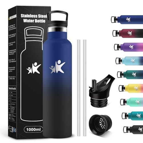 KollyKolla Gourde Isotherme 1L, Bouteille Isotherme Acier Inoxydable, Bouteille d'eau Étanche, sans BPA, Gourde Inox avec Paille, Réutilisable, Gourde pour Fitness, Randonnée, Camping, Cyclisme