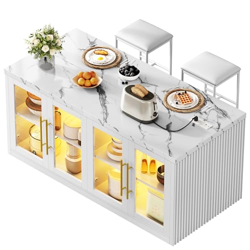 Kitchen Island with Storage, 57″ W Large Island Table with Seating/LED Light for Dining Room, Kitchen Carts on Wheels Breakfast Bar Table w/Power Outlet, White