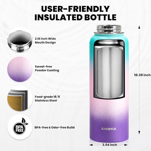 Image of RAYMYLO Insulated Water Bottle 40 oz, Triple Wall Vacuum Stainless Steel (Cold for 36Hrs, Hot for 18Hrs), Leak Proof & Non-BPA, Modern Water Flask Jug with Paracord Handle & Straw Spout Lids