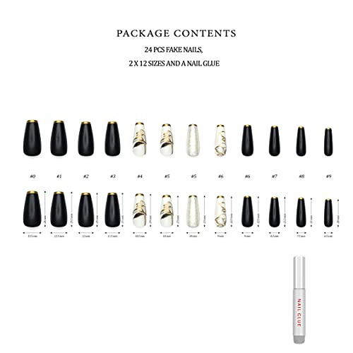 Hypnaughty 24 Pcs Black Flower White And Black Matte Luxury Coffin Press On Nails With Glitter And Flower Design And Gold French Tips With Glue Medium Long False Nails (Black Flower) #TOP1