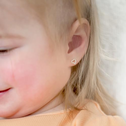 14k Yellow Gold Cubic Zirconia Encrusted Heart Safety Screw Back Earrings For Little Girls - Small Heart Earrings For Children - Glimmering Clear CZ Earrings For Kids With Safety Closure3