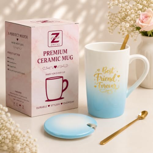 Image of ZAICUS Best Friend Forever Coffee Mug with Lid & Spoon, Ceramic Gift Mug | Perfect for Coffee, Tea & Daily Use | Perfect Friendship Gift | Home & Office Drinkware