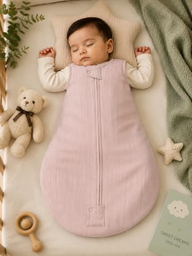Image of TuddyBuddy Baby Cotton Wearable Quilted Sleeping Bag Blanket 1.5 Tog with 1 Way Zipper Closure | Ideal for Babies & Kids Hypoallergenic Fabrics | (Pin Striped Fabric - Light Pink, 0-6 Months)