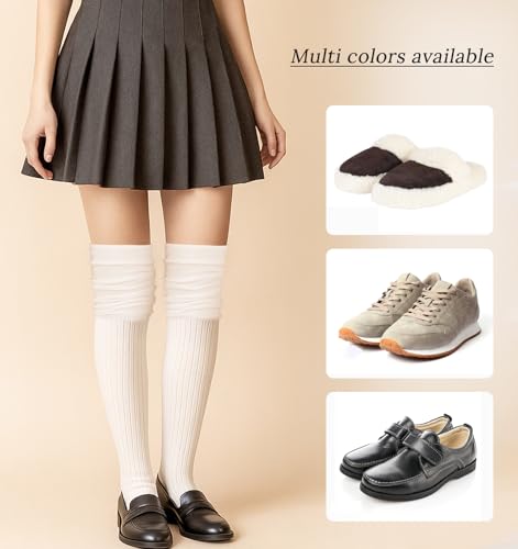 Over Knee Socks for Women, Slouch Top Knit Thigh High White Socks, Knee High Socks for Boots Casual Long Boot Stockings, Beige4