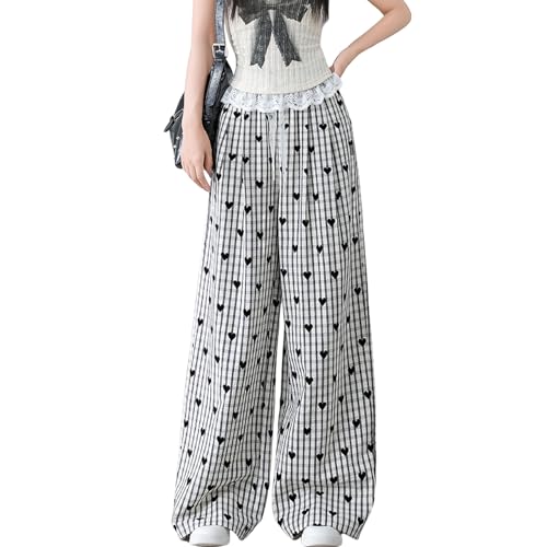 Women High Waist Plaid Wide Leg Pants Y2K Elastic Drawstring Cute Casual Baggy Parachute Streetwear with Pockets