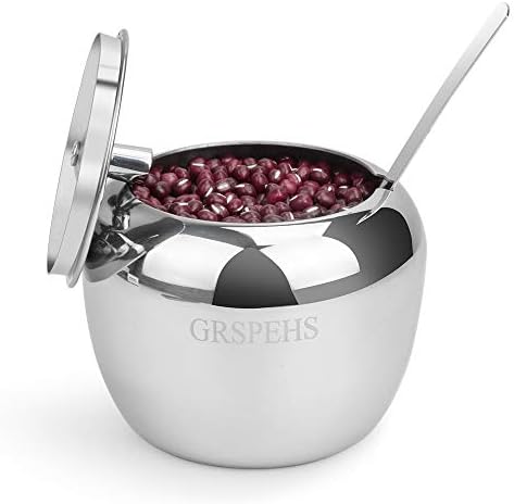 GRSPEHS Sugar Bowl, Sugar Dispenser, Seasoning Bowl, Spices Bowl, Stainless Steel Sugar Bowl with Lid and Sugar Spoon, Apple Shape (16OZ/ 0.5Liter)