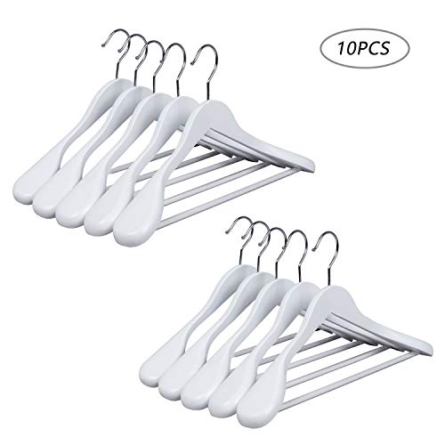 Amber Home EU Lot de 10 Deluxe Heavy Duty Curved Manteau en Bois Massif Cintre Costume Cintre Veste Cintre Cintre avec Barre antidérapante Robuste, Finition de Couleur Blanche Lisse, épaule Large