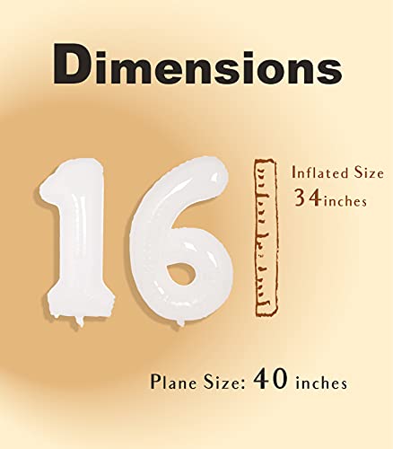 Image of SUWEN 40 Inch White Large 16 Balloon Number Big Foil Helium Numbers 0-9 | Giant Jumbo Happy 16th Birthday Party Decorations for Men or Women Huge Mylar 61 Anniversary Party Supplies