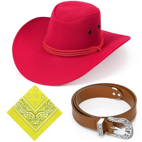 Image of Haysandy Halloween Men Cowboy Costume Hat with Bandana Belts Cowboy Cowgirl Hat Wide Cowgirl Brim Costume Accessories