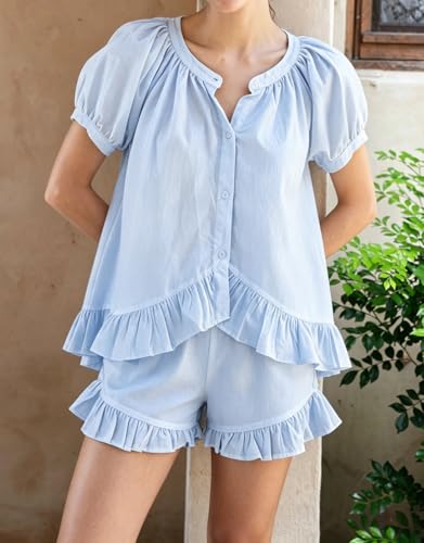 Image of Womens Fashion Summer Short Sets Short Sleeve Button Down Ruffle Trim Top and Shorts Cotton Pajama Sets