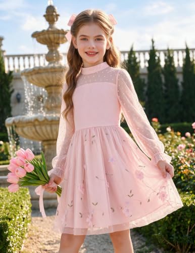 Image of Arshiner Girls Dresses Contrast Mesh Puff Long Sleeve Formal Party Dress