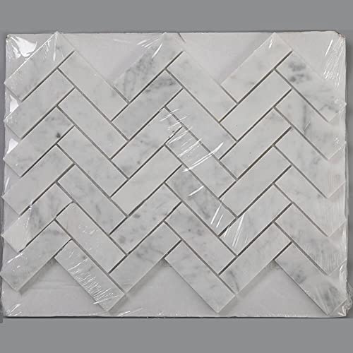 Diflart Pack-5 Carrara Italian White Carrera Marble 1X3 Inch Herringbone Mosaic Tile Polished For Kitchen Bathroom Wall Floor Tile #TOP18