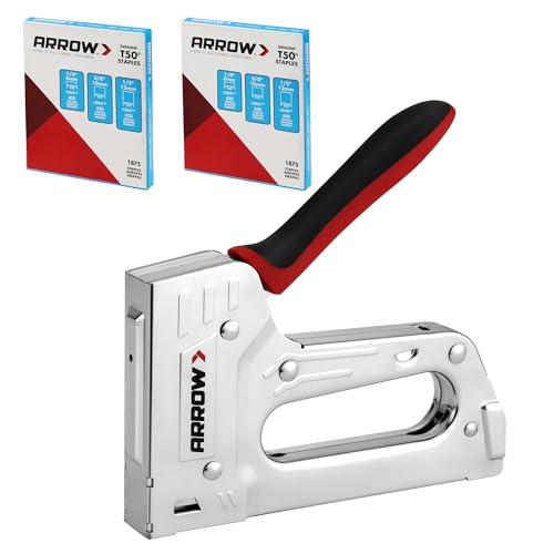 Arrow T55BL Staple Gun Kit, Heavy Duty Manual Stapler with 3750 Pieces T50 1/4', 3/8', 1/2' Staples, Soft Rubber Grip, for Upholstery Professional Projects