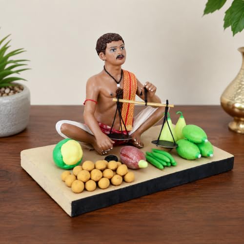 Image of Krishnanagar Handmade Clay Gift & Decor | Standard- Sitting Human Figure Miniature Idol - Vegetable Seller