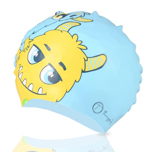 THINGSITY Kids Swim Cap - Comfortable and Durable Waterproof Hat for Long and Short Hair, Beats Chlorine and Water Damage, Non-Slip Lining and Waterproof Design and Protection (Blue Monster)