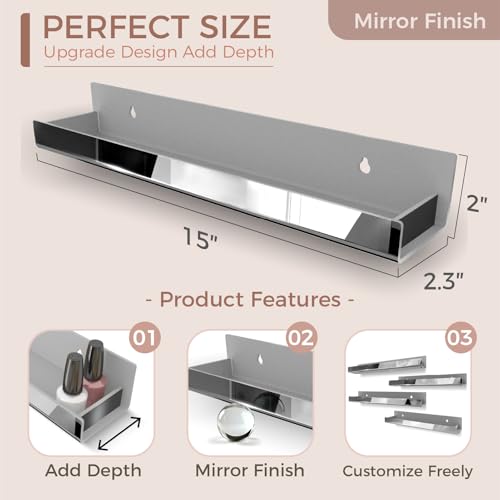 Image of 4 Pack 15 Inch Black Reflective Acrylic Floating Wall Shelves | Modern Display Shelf for Sunglasses, Oils, Pictures & Toy Storage Decor