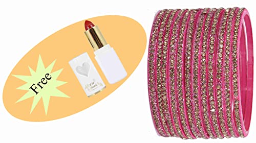 Image of NMII Glass with Zircon Gemstone and Beads Studdded Glossy Finished Traditional Bangle Set For Women and Girls
