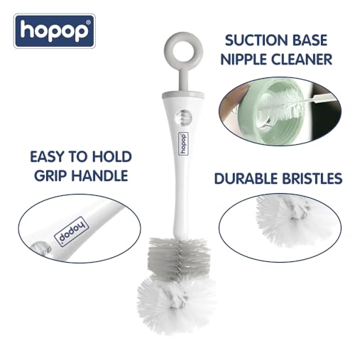 Image of Hopop Baby Feeding Bottle Cleaning Brush & Nipple Cleaner | 2 in 1 Flexible Bristle Bottle Brush| Grooved Handle with Easy Hanging Storage | Easy to Clean Narrow & Wide Neck Feeding Bottles |Grey